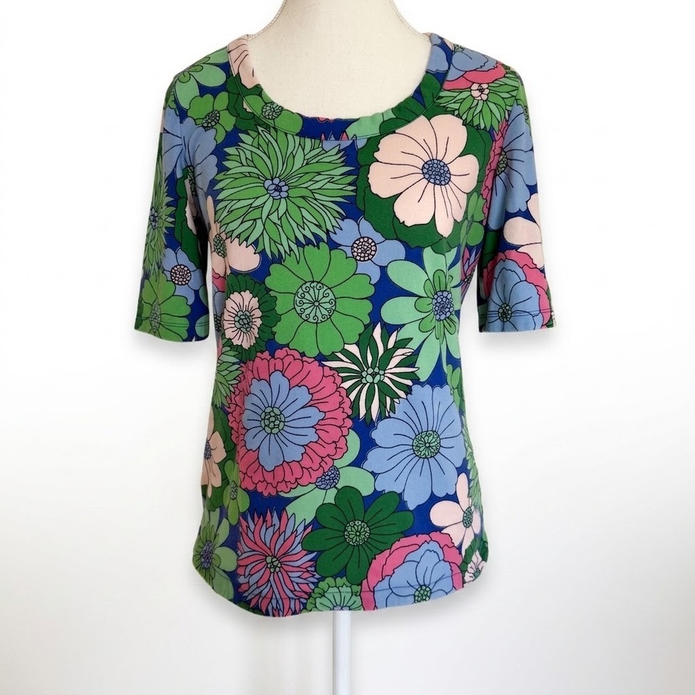 Talbots Retro Floral Short Sleeve Crew Neck Tee Womens Size S Green Blue Mod